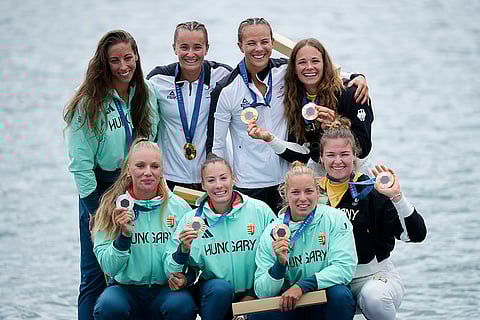 Paris Olympics women's kayak double 500-meter: Silver medalists Hungary, gold medalists New Zealand and bronze medalists Hungary & Germany's Paulina Paszek and Jule Marie Hake